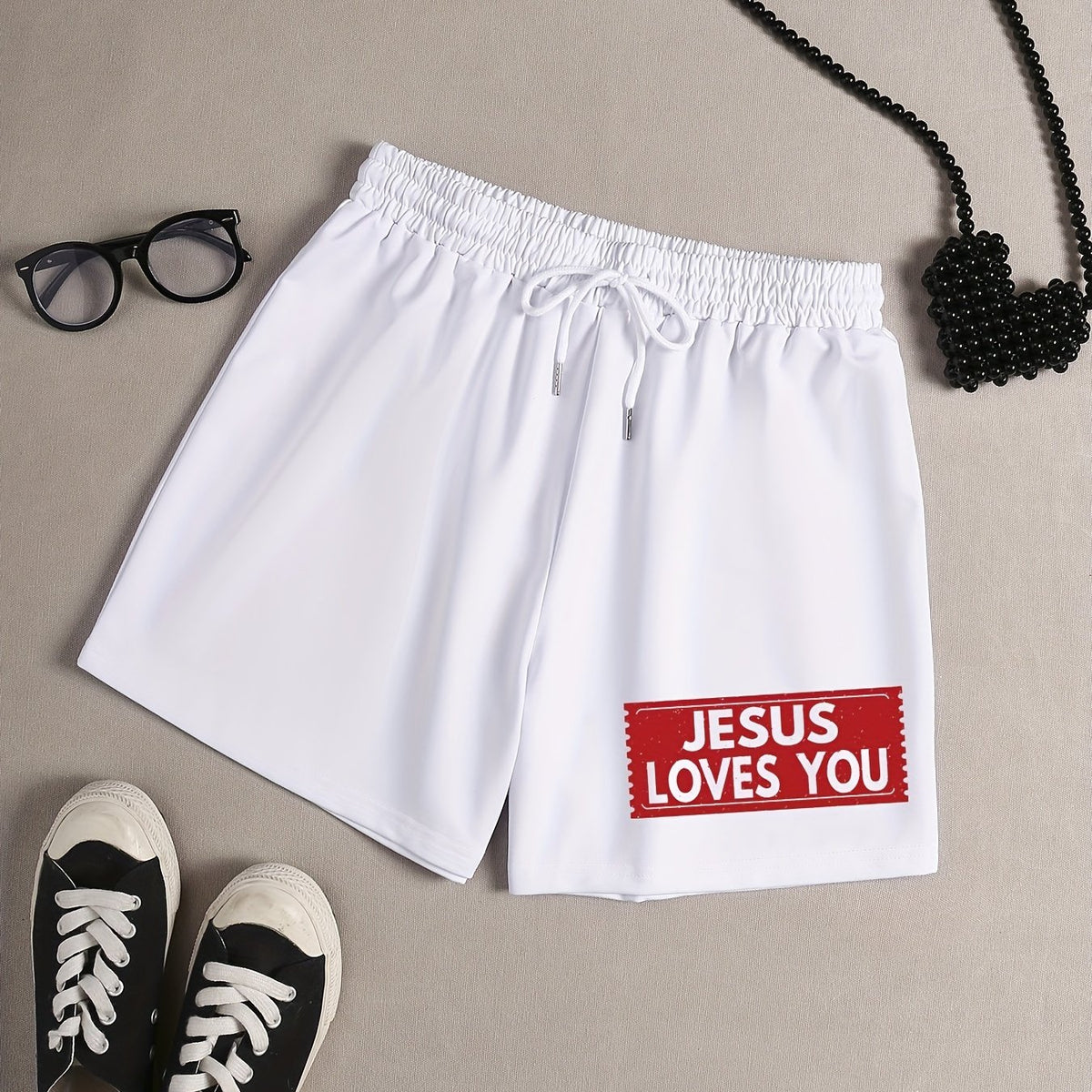  Slogan Print Elastic Waist Lounge Shorts