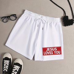  Slogan Print Elastic Waist Lounge Shorts