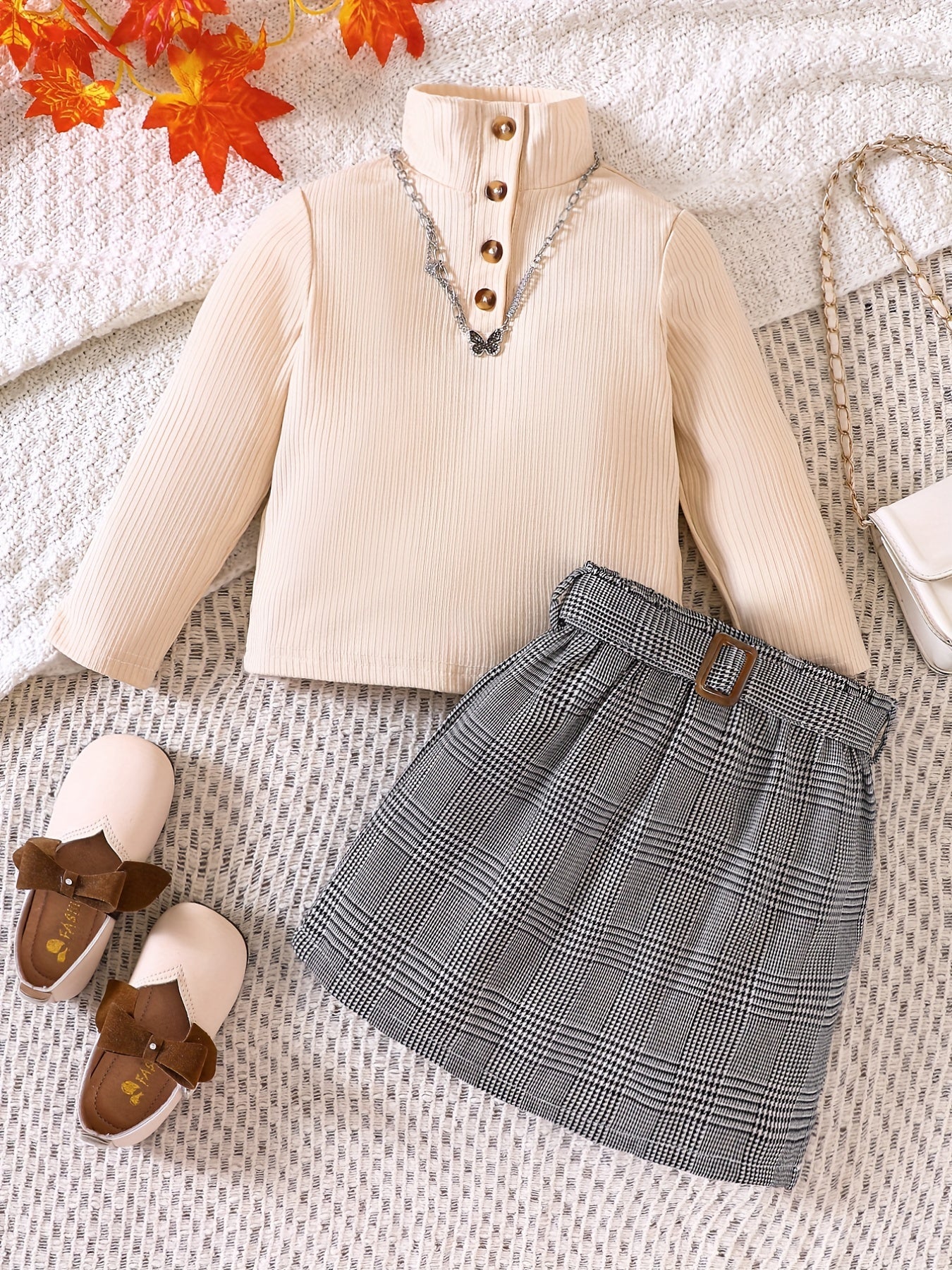Girl's Ribbed Turtleneck Top & Plaid Belted Skirt Set Casual Outfits