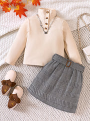 Girl's Ribbed Turtleneck Top & Plaid Belted Skirt Set Casual Outfits