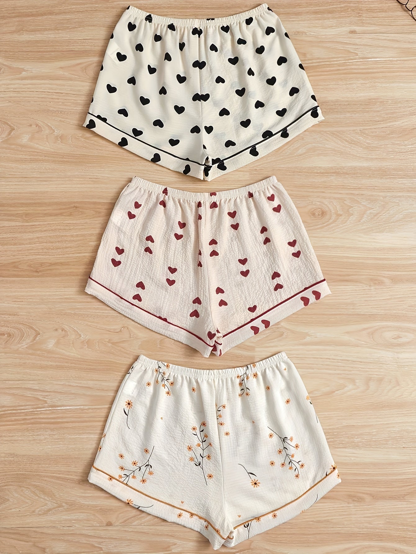 3pcs Heart & Floral Print Sleep Bottoms & Bow Elastic Waistband Shorts