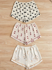 3pcs Heart & Floral Print Sleep Bottoms & Bow Elastic Waistband Shorts