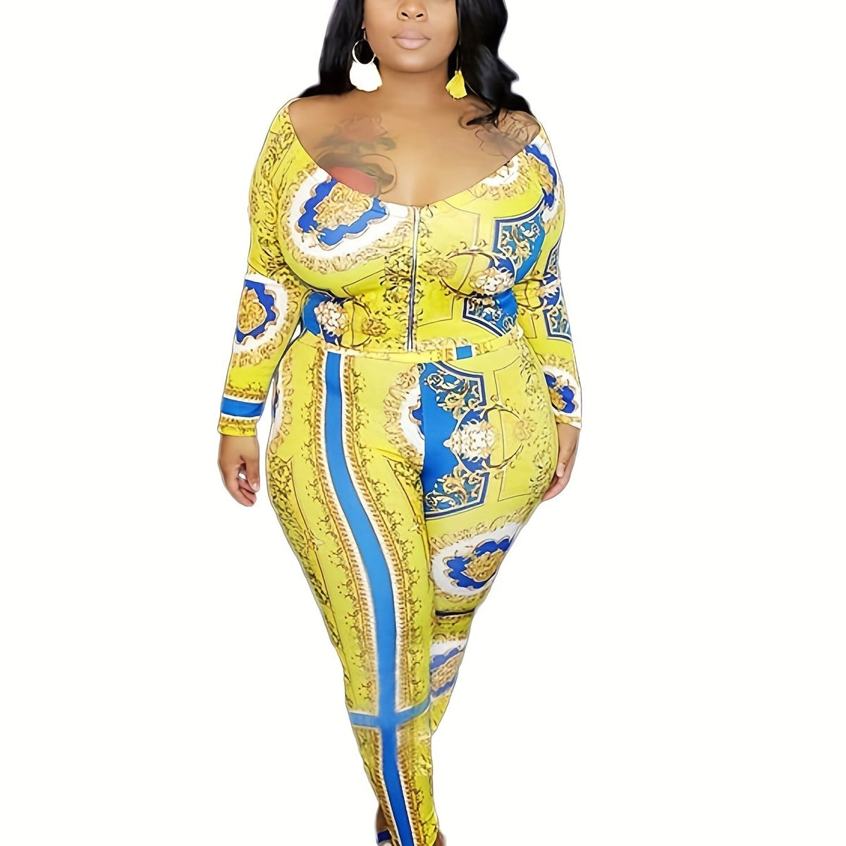  Baroque Print Boat Neck Top & Leggings Set