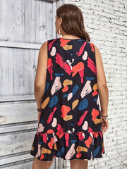  Print V Neck Ruffle Trim Tank Dress