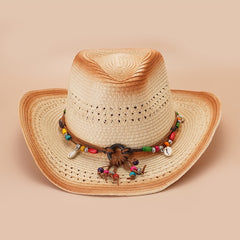 Khaki Wide Brim Cowboy Hat Boho Beads Belt Chain Decor