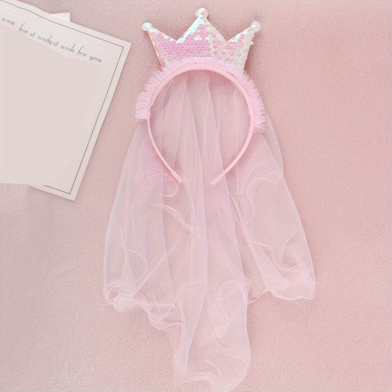 Sequin Crown Headband with Hair Veil for Kids Girls Headdress