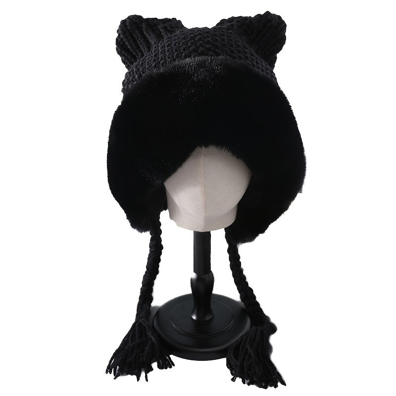 Women's Winter Pom Beanie Hat Fluffy Knit Cat Fox Ear Faux Fur Skull Cap