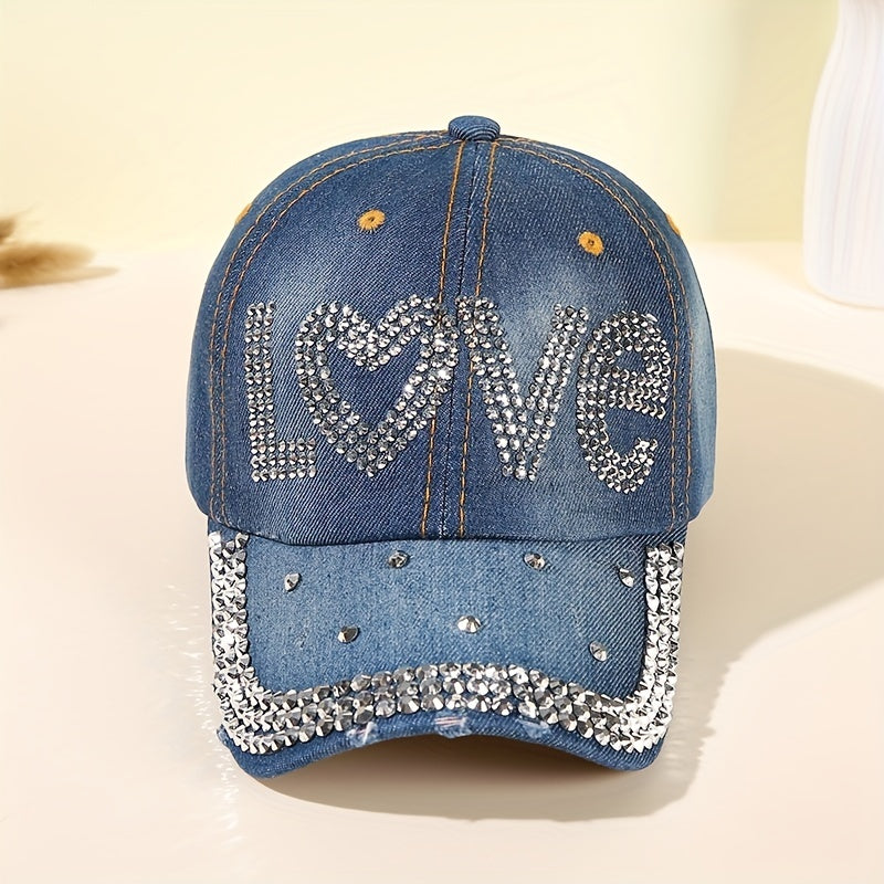 LOVE Rhinestone Denim Baseball Cap Distressed Y2K Dad Hats