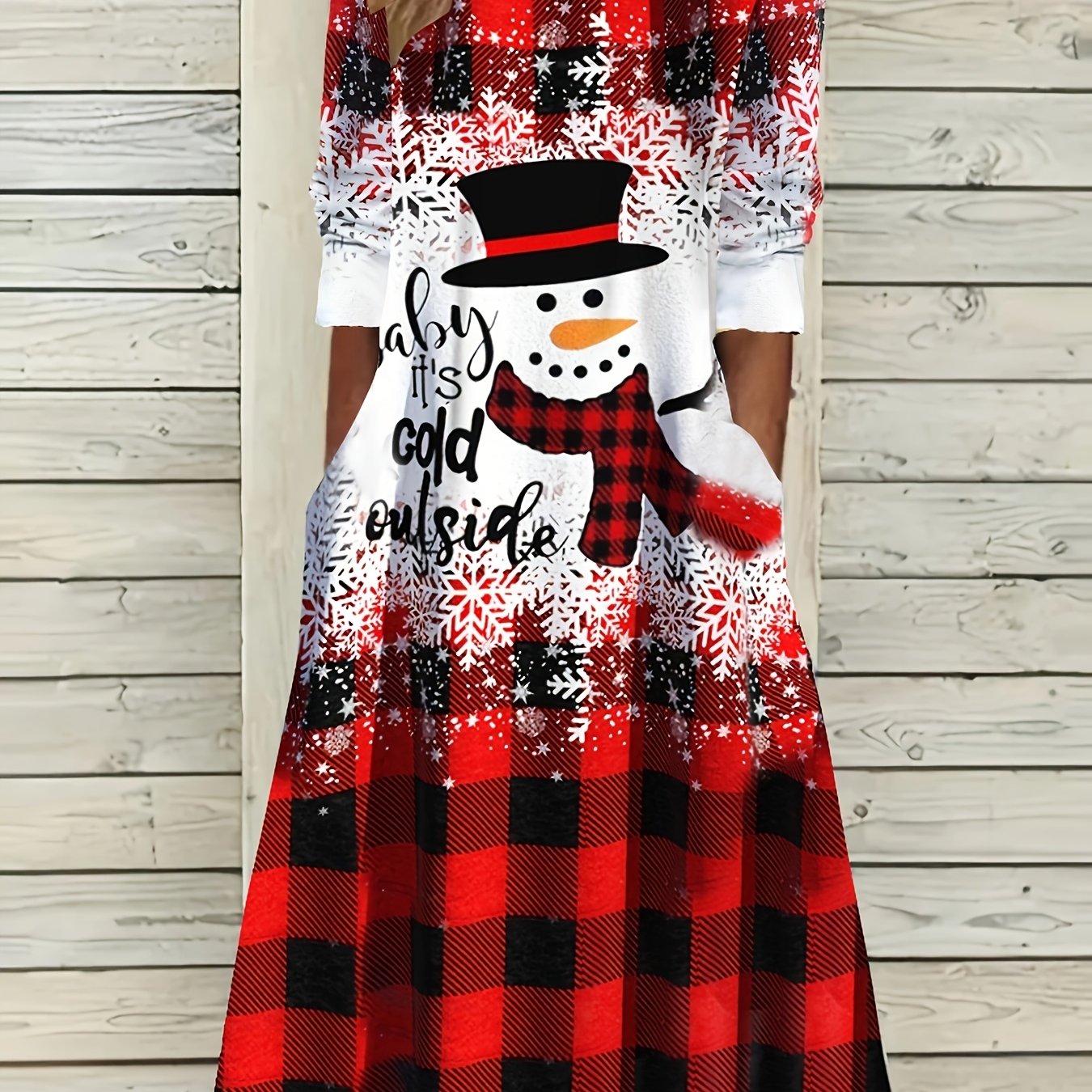 Women's Plus Snowman & Slogan Print Three Quarter Sleeve Knee Length Dress