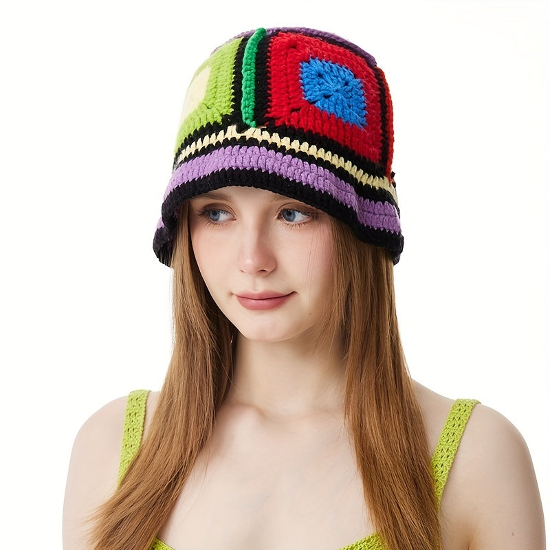 Classic Block Bucket Hats Hollow Crochet Cloche Hats Vintage Beanie