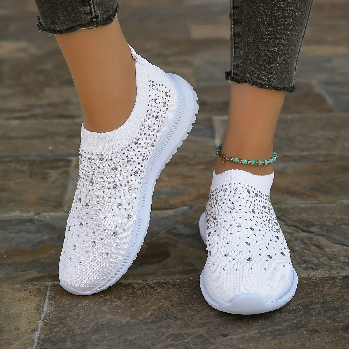 Women's Rhinestone Slip on Sneakers Breathable Low Top Shoes