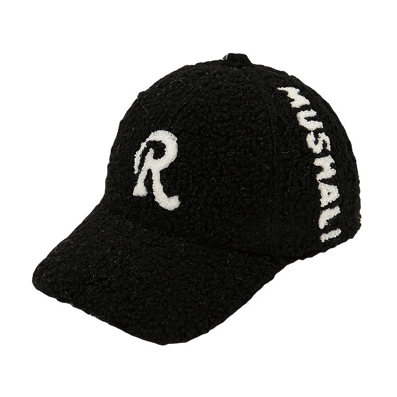 Embroidered R Letter Hat Winter Thickened Warm Wool Baseball Cap