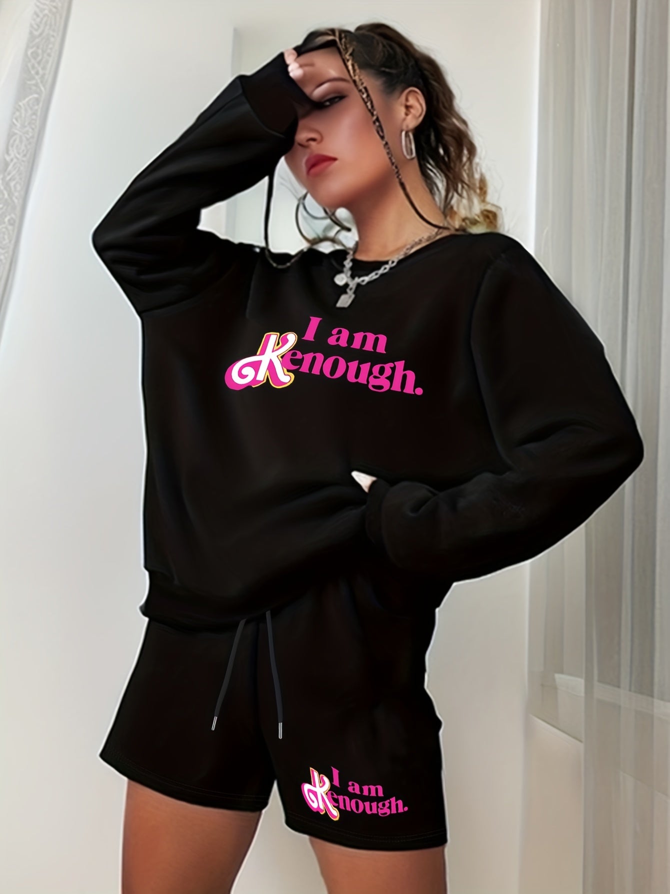  2 Piece Set Women's Slogan Print Sweatshirt & Shorts