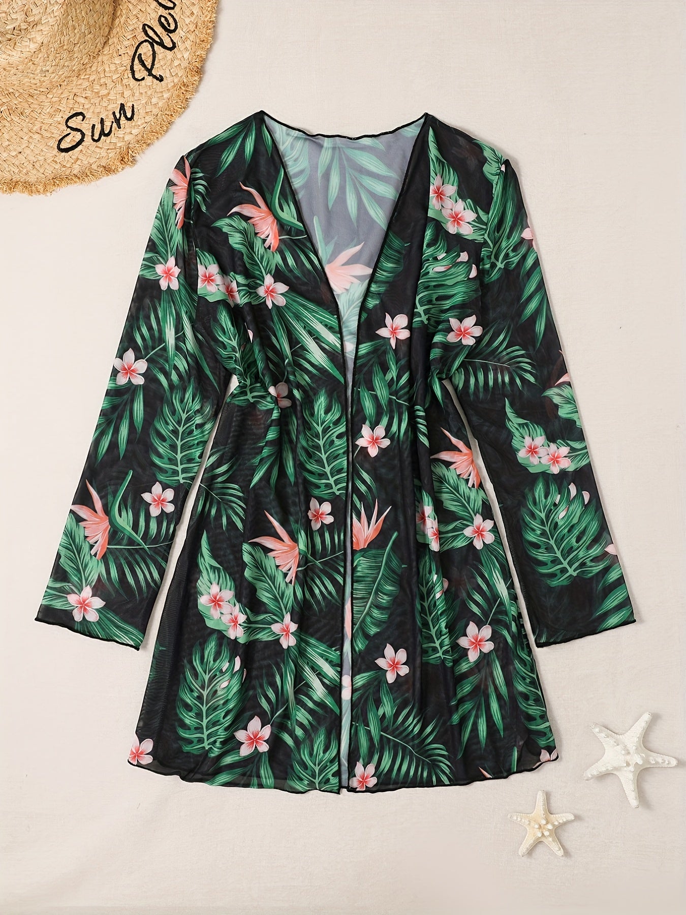 Floral Leaf Print Open Front Long Sleeve Cardigan Cover Up