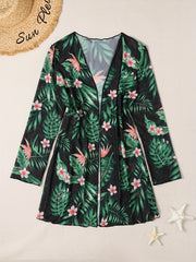 Floral Leaf Print Open Front Long Sleeve Cardigan Cover Up