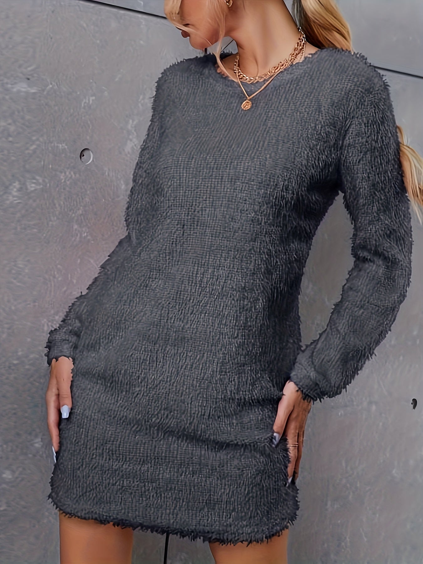  Solid Fuzzy Long Sleeve Round Neck Bodycon Midi Dress