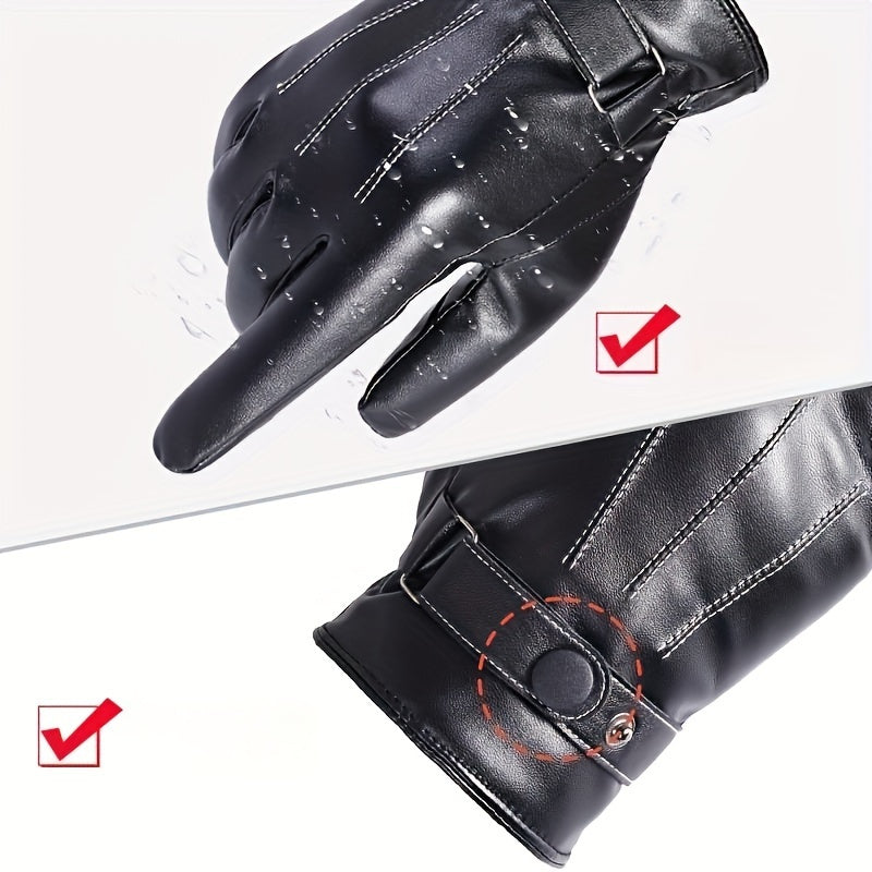 Men's Winter Thickened PU Leather Warm Gloves for Cycling Skiing