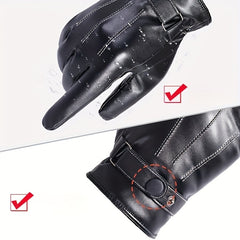 Winter Thick PU Leather Gloves For Men - Cycling Skiing Warm Glove