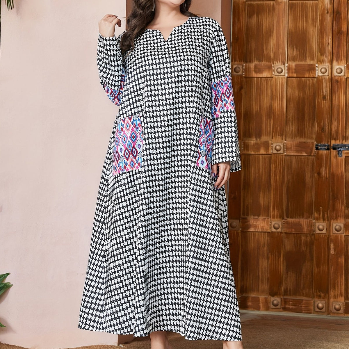  Houndstooth & Geometric Print Maxi Dress