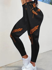  Casual Leggings Women's Plus Ears Of Rice Print High Rise Leggings