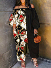  Colorblock Chain Print Off Shoulder Jumpsuit