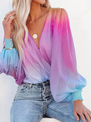  Ombre Lantern Sleeve Boho Blouse Surplice Neck Top