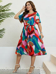  Colorblock Short Sleeve Dress With Belt