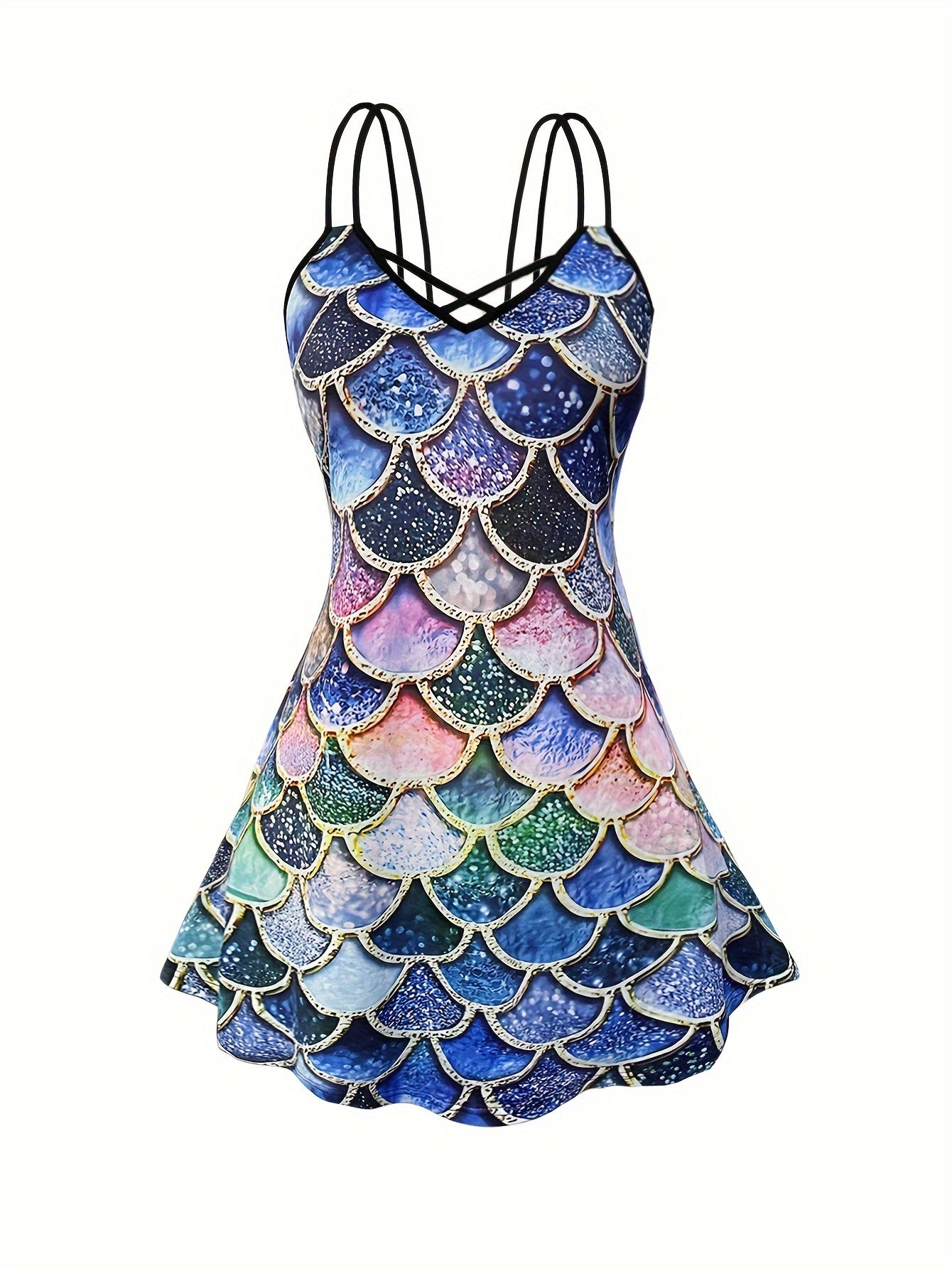  Mermaid Print Criss Cross V Neck Cami Dress