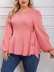  Ribbed Lantern Sleeve Peplum Shirt Top