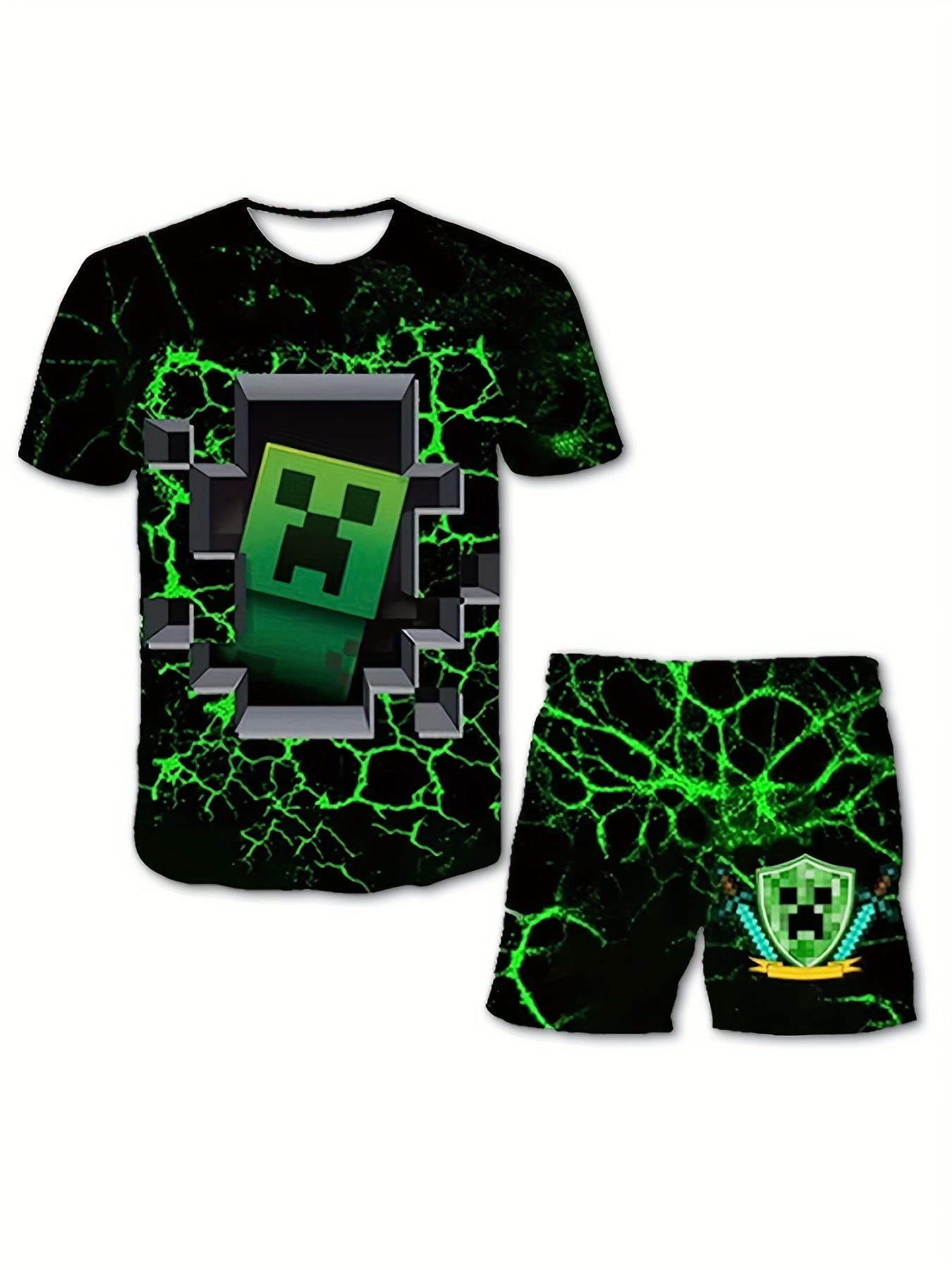 Kids' Block & Sword Graphic T-shirt & Stretchy Shorts Set for Outdoor