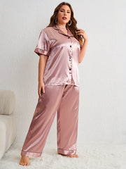  Button Up Satin Pajama Set Short Sleeve Shirt & Pants Two Piece