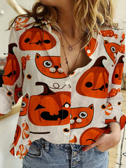  Cat & Pumpkin Print Button Up Long Sleeve Blouse