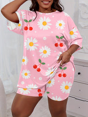  Daisy & Cherry Print Short Sleeve Tee & Shorts Pajama Set