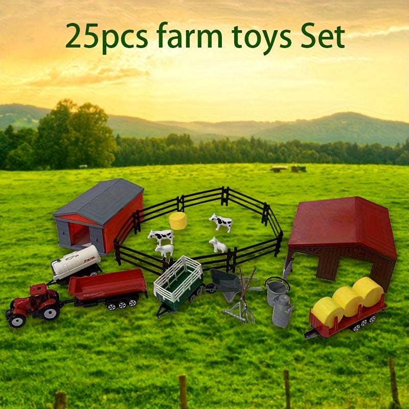 25pcs DIY Farm Toy Set with Cowshed Carport Tractor Animals Tools Fence