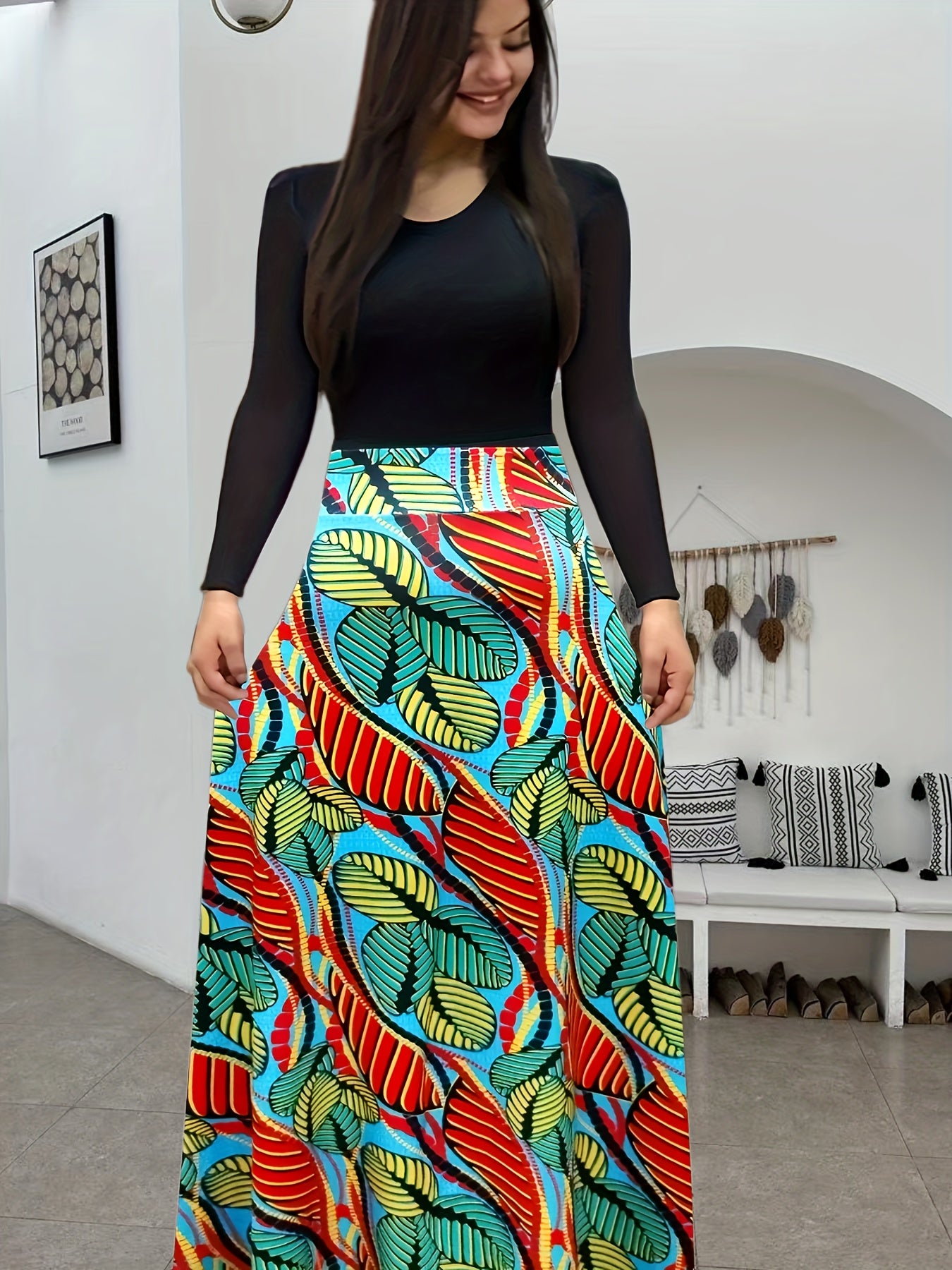  Colorblock Leaf Print Round Neck Maxi Dress