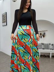  Colorblock Leaf Print Round Neck Maxi Dress