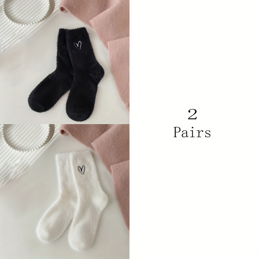 5 Pairs Heart Embroidery Socks Warm & Comfy Fuzzy Stockings