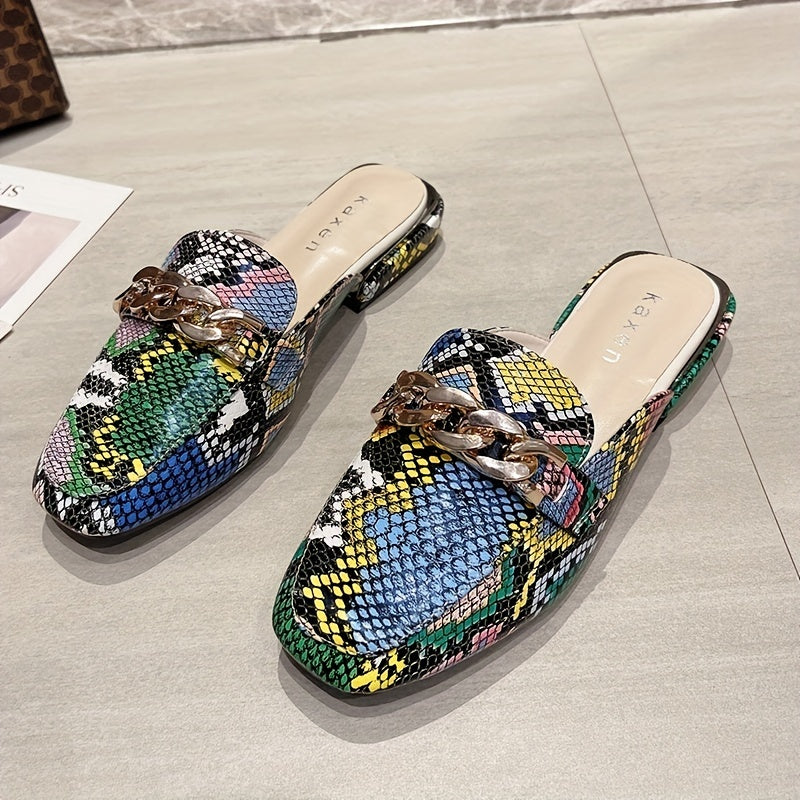 Women's Crocodile Print Chain Mules Square Toe Slipper Shoes