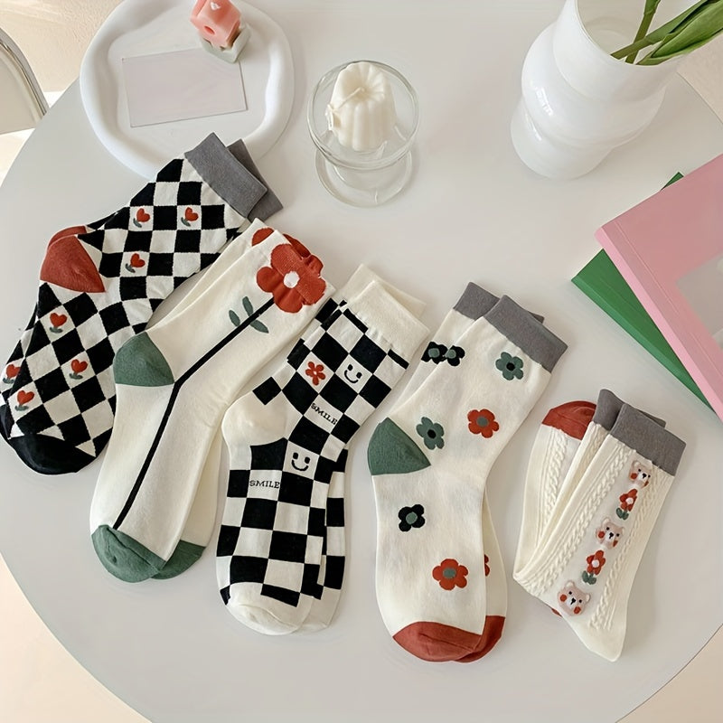 5 Pairs Floral Print Socks Mid Tube Women's Stockings & Hosiery