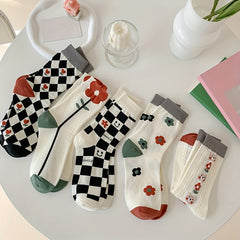 5 Pairs Floral Print Socks Mid Tube Women's Stockings & Hosiery