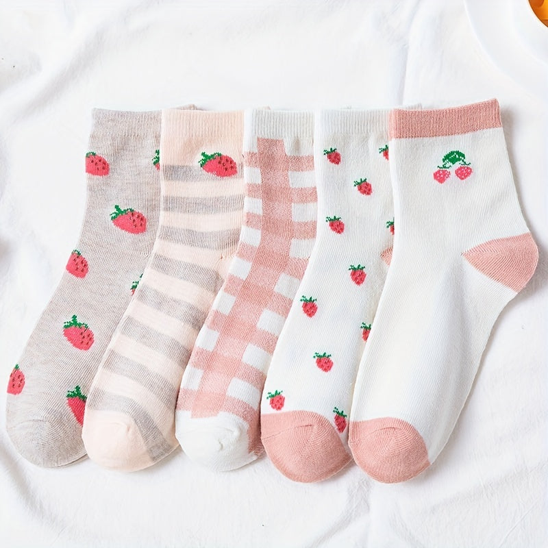 5 Pairs Strawberry Print Socks Mid Tube Women's Stockings