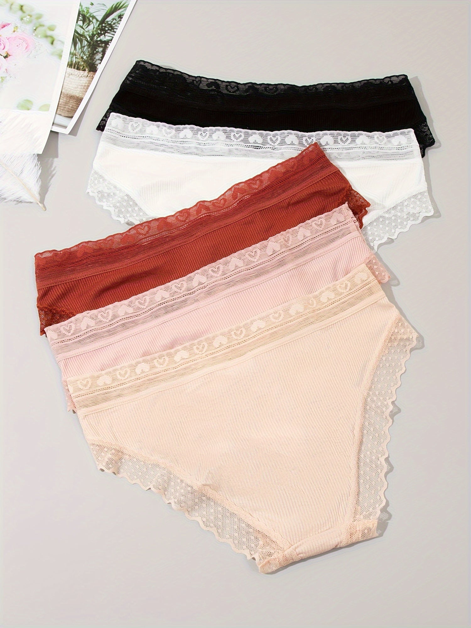 5pcs Lace Trim Ribbed Briefs Stretchy Panties Women's Lingerie