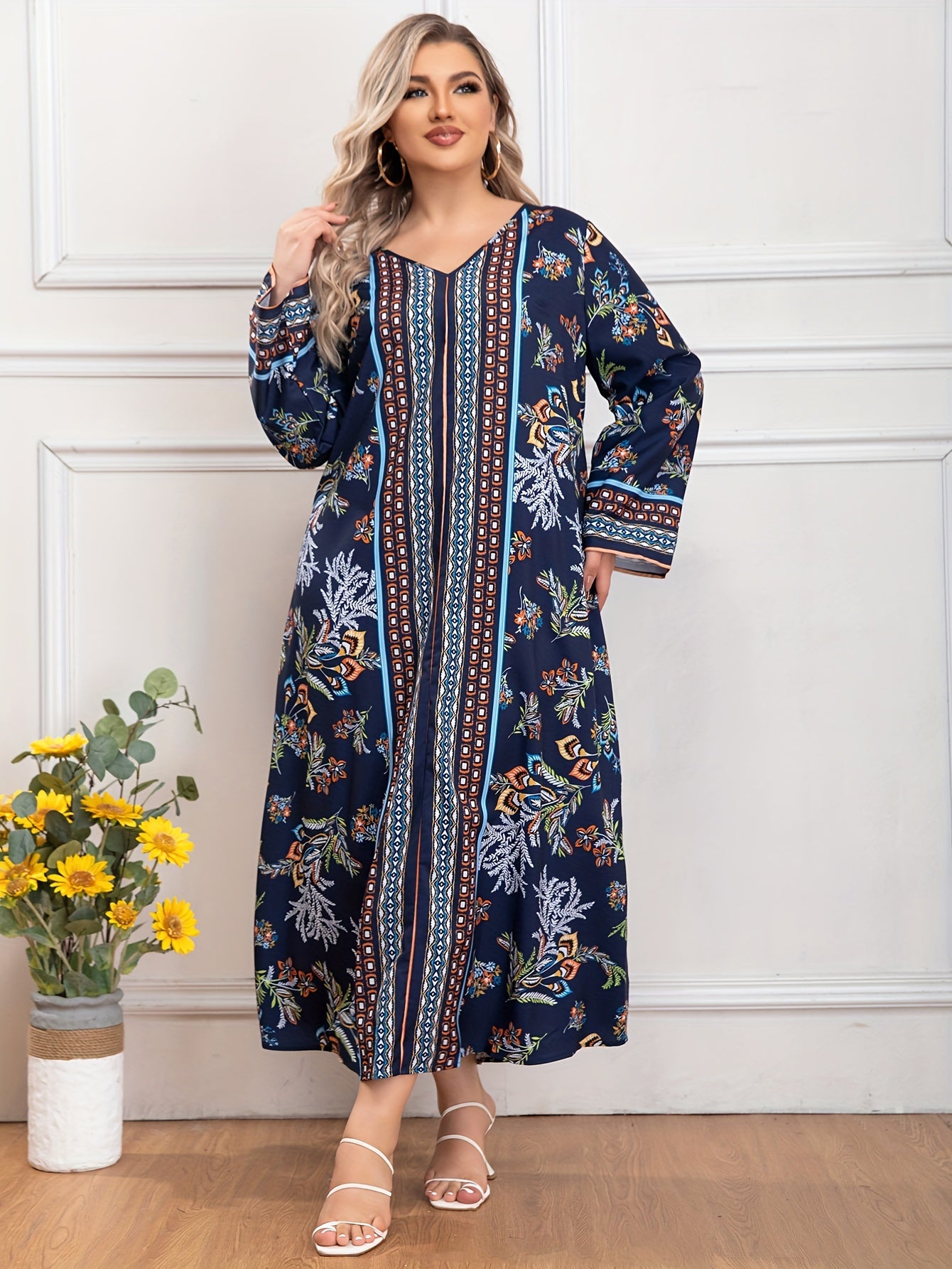  Colorblock Floral Print V Neck Maxi Dress