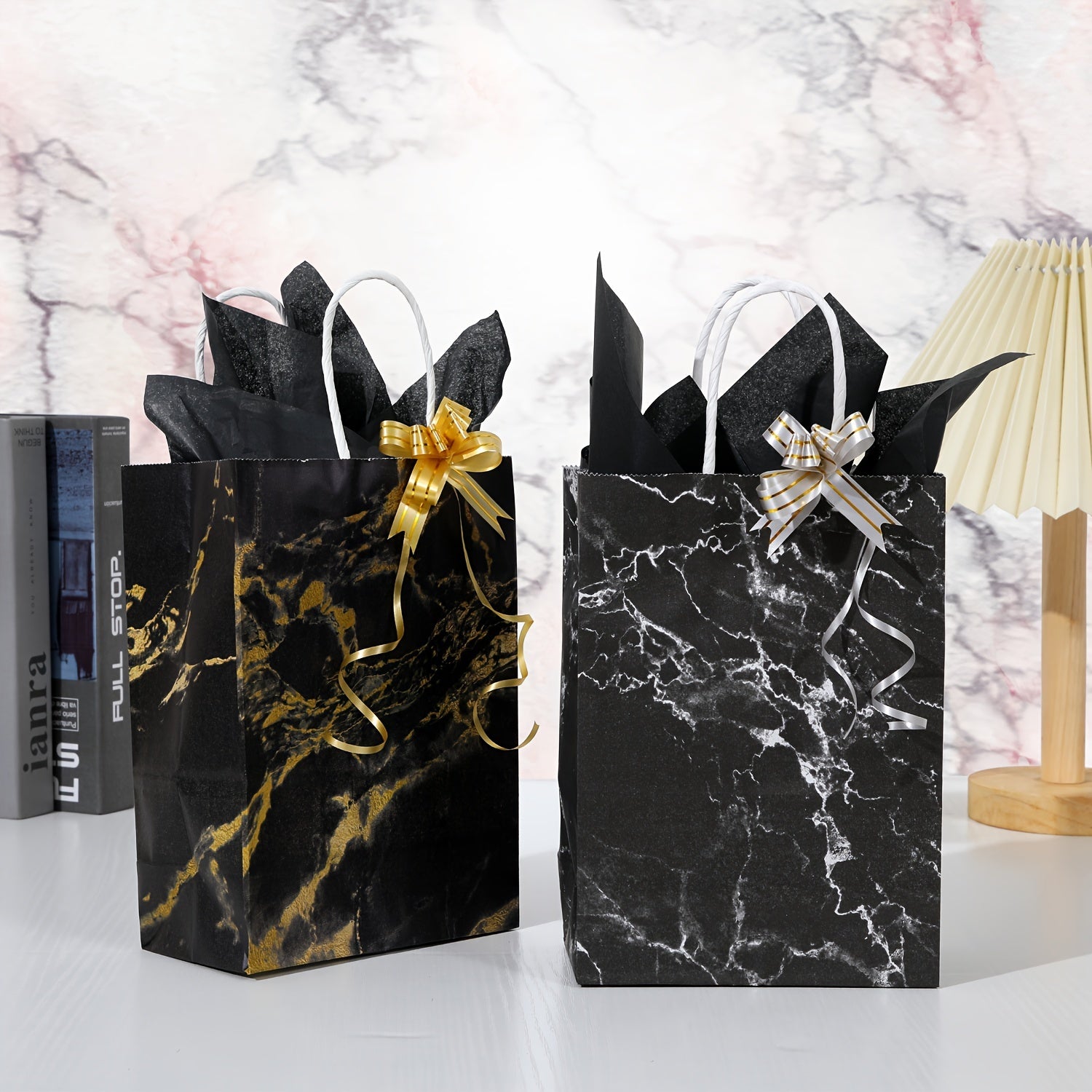 4pcs Marble Gift Bag Candy Bag with Wrapping Paper & Ribbon Bows