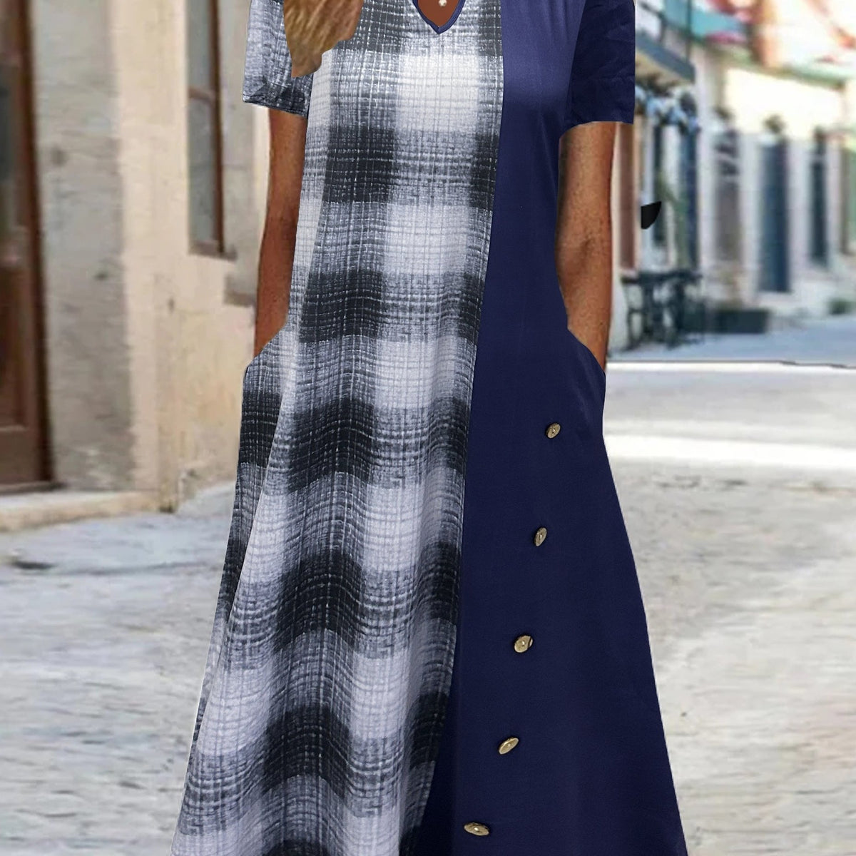  Colorblock Gingham Print Notched Neck Tee Dress