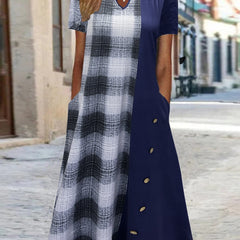  Colorblock Gingham Print Notched Neck Tee Dress