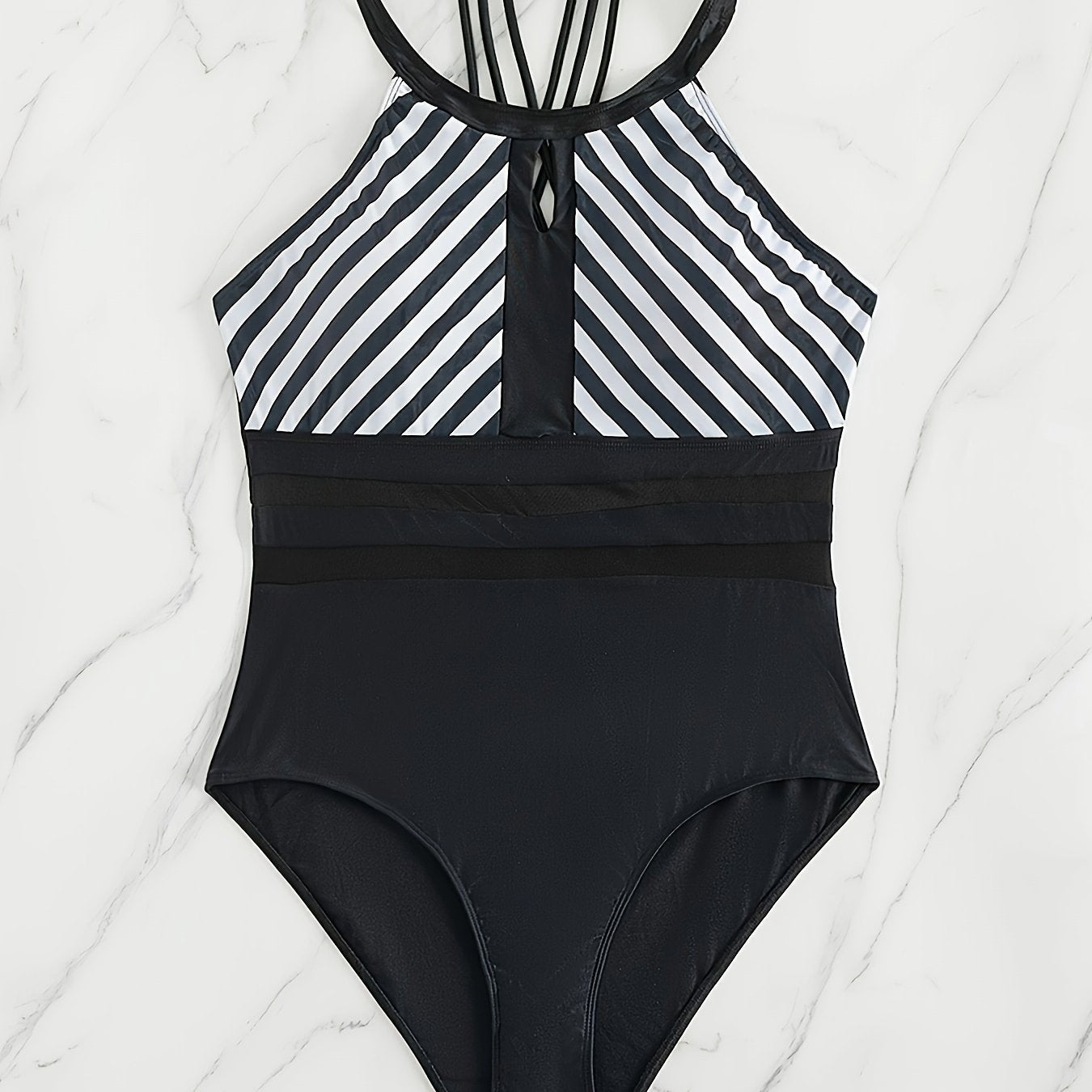  Modest Swimsuit Coloblock Stripe Print One Piece Bathing Suit