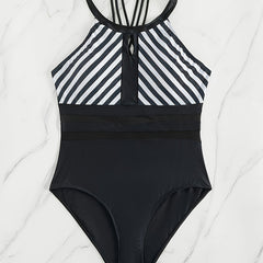  Modest Swimsuit Coloblock Stripe Print One Piece Bathing Suit