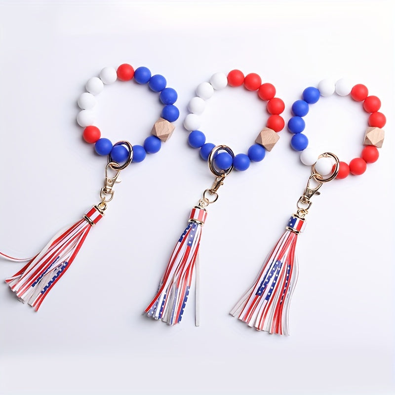 Silicone Bracelet Keychain with American Flag Tassel