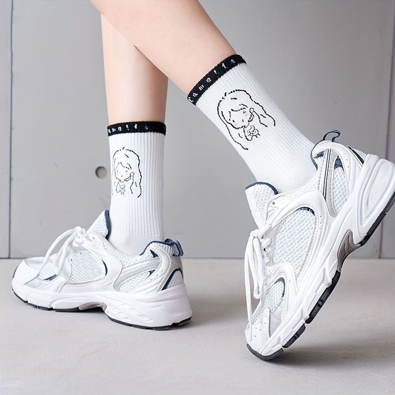 5 Pairs Cartoon Print Socks Women's Stockings Comfy & Mid Tube Hosiery
